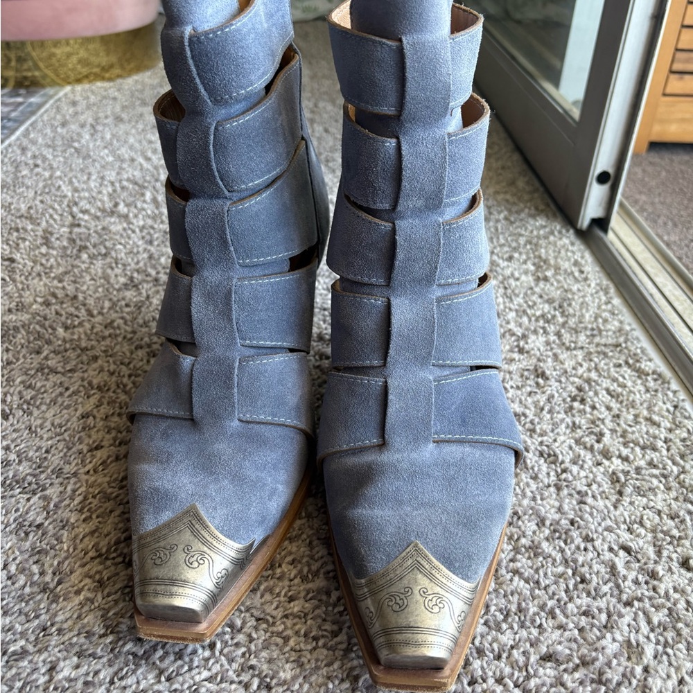Free People FP Collection Brayden Fisherman Baby Blue Suede Ankle Western Boots